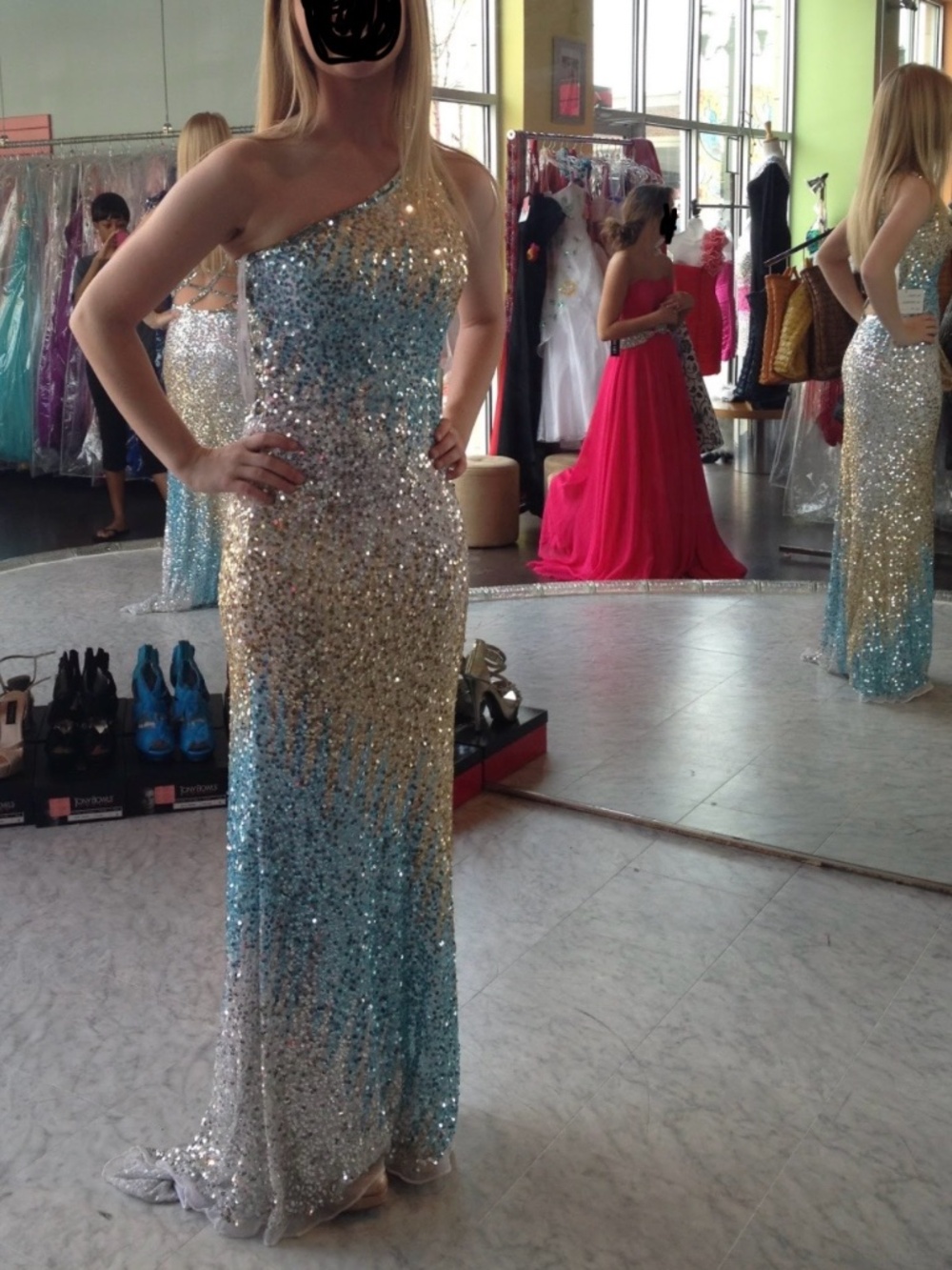 Prom Dress Ombré Sequined Mermaid Sz.0 Cassandra Stone Designer Aqua Silver